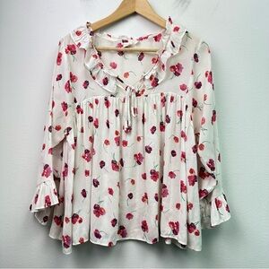GAP Cream Floral Ruffle Tie-Neck Blouse with Pink & Red Flowers